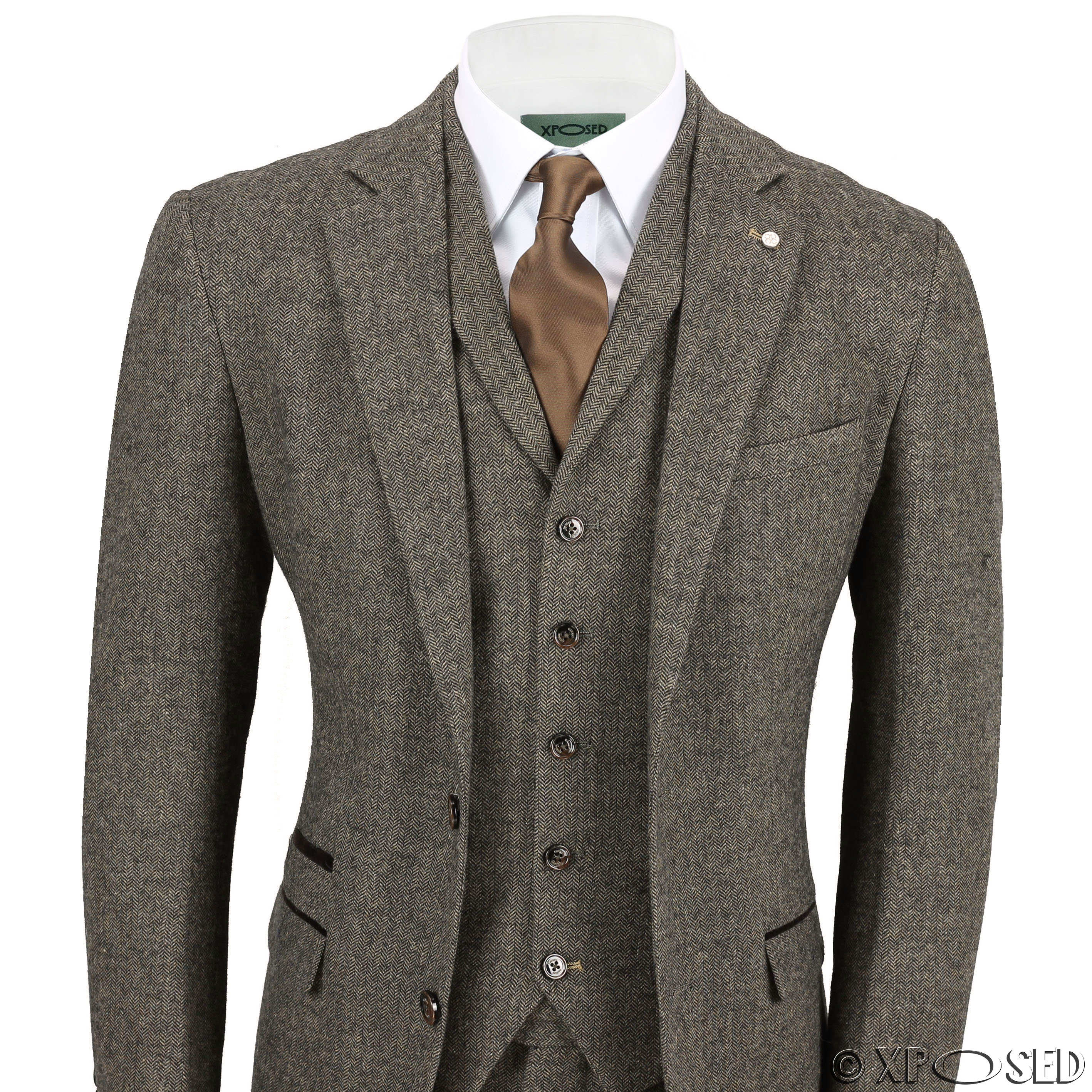 Mens Wool Blend 3 Piece Suit Brown Vintage Herringbone Tweed Smart ...