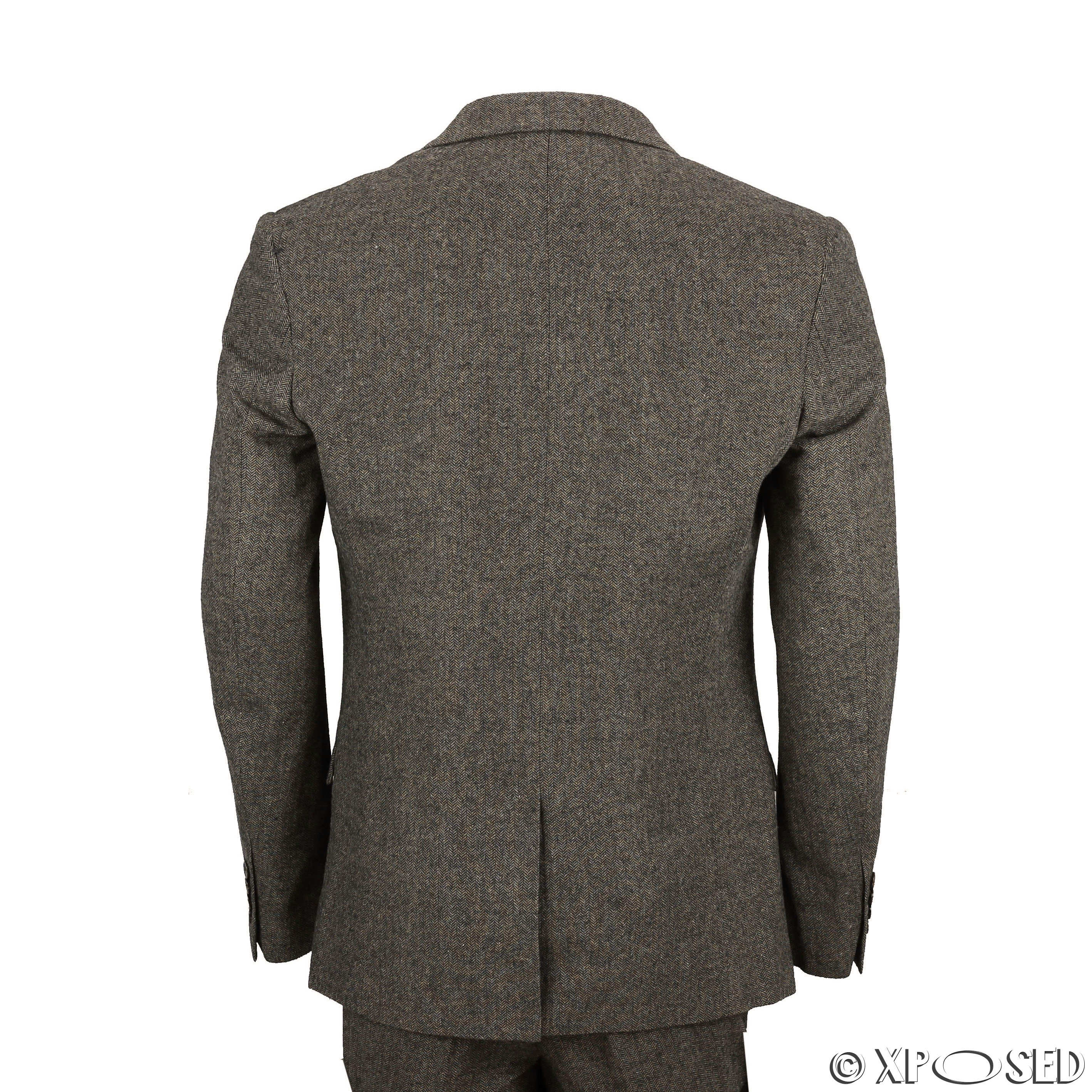 Mens Wool Blend 3 Piece Suit Brown Vintage Herringbone Tweed Smart ...