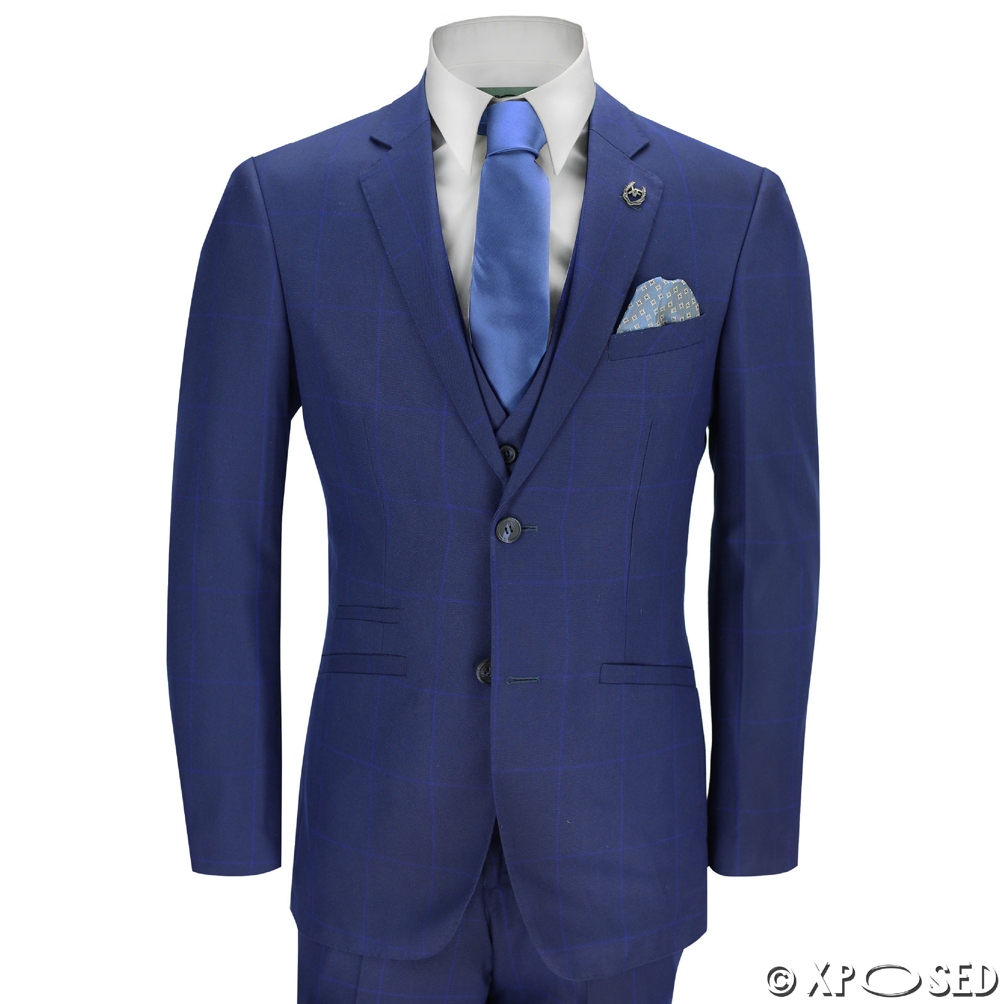 Mens 3 Piece Suit Blue Check on Navy Vintage Retro Smart Tailored Fit ...