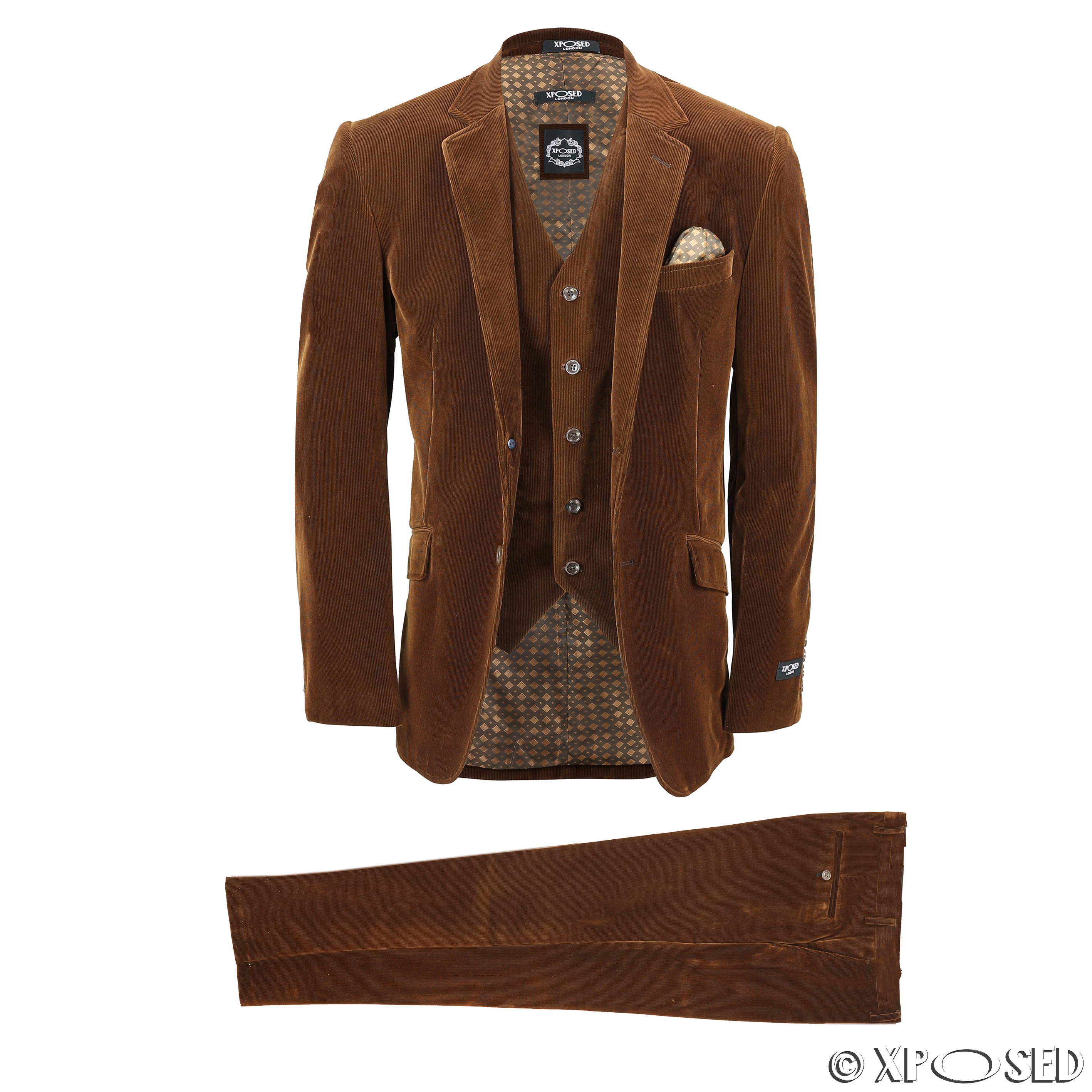 Mens 3 Piece Suit Rust Brown Vintage Corduroy Fitted Blazer Waistcoat ...