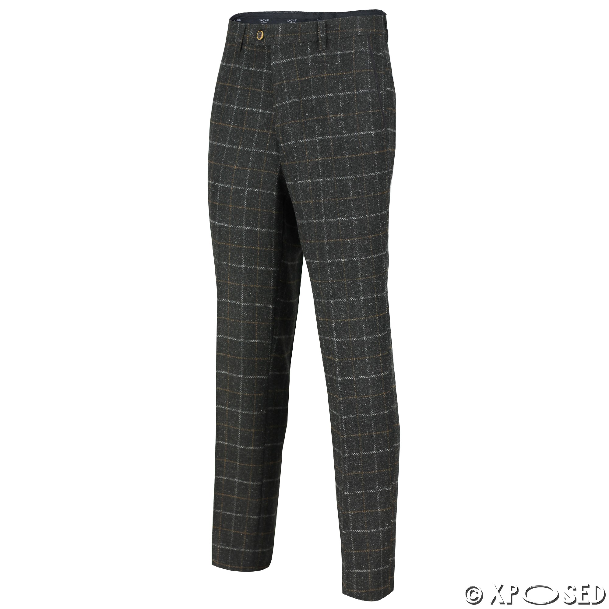 Mens Tweed Trousers Vintage Herringbone Checks Slim Fit Grey Brown ...