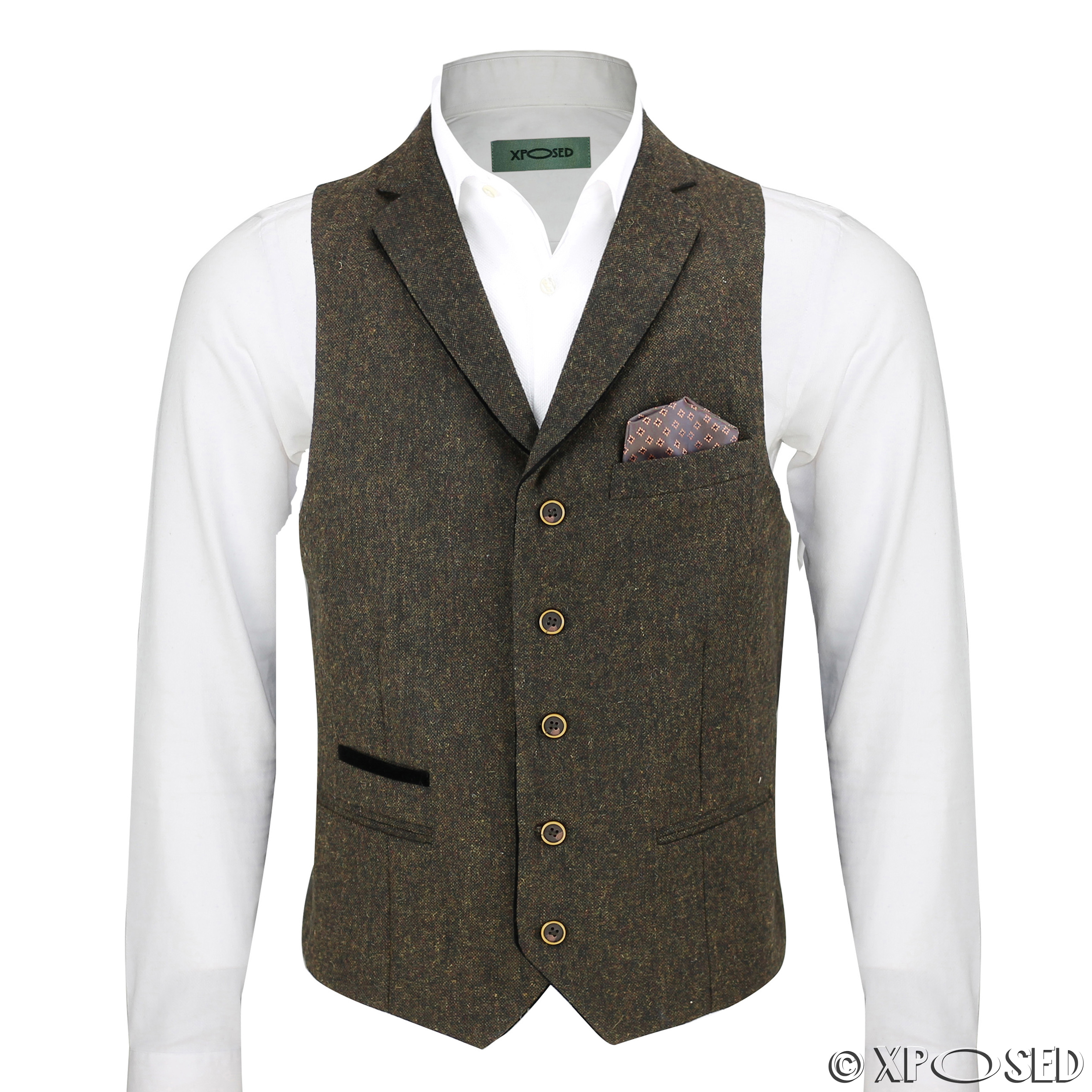 Mens Waistcoat Wool Mix Herringbone Tweed Check Velvet Collar Smart ...