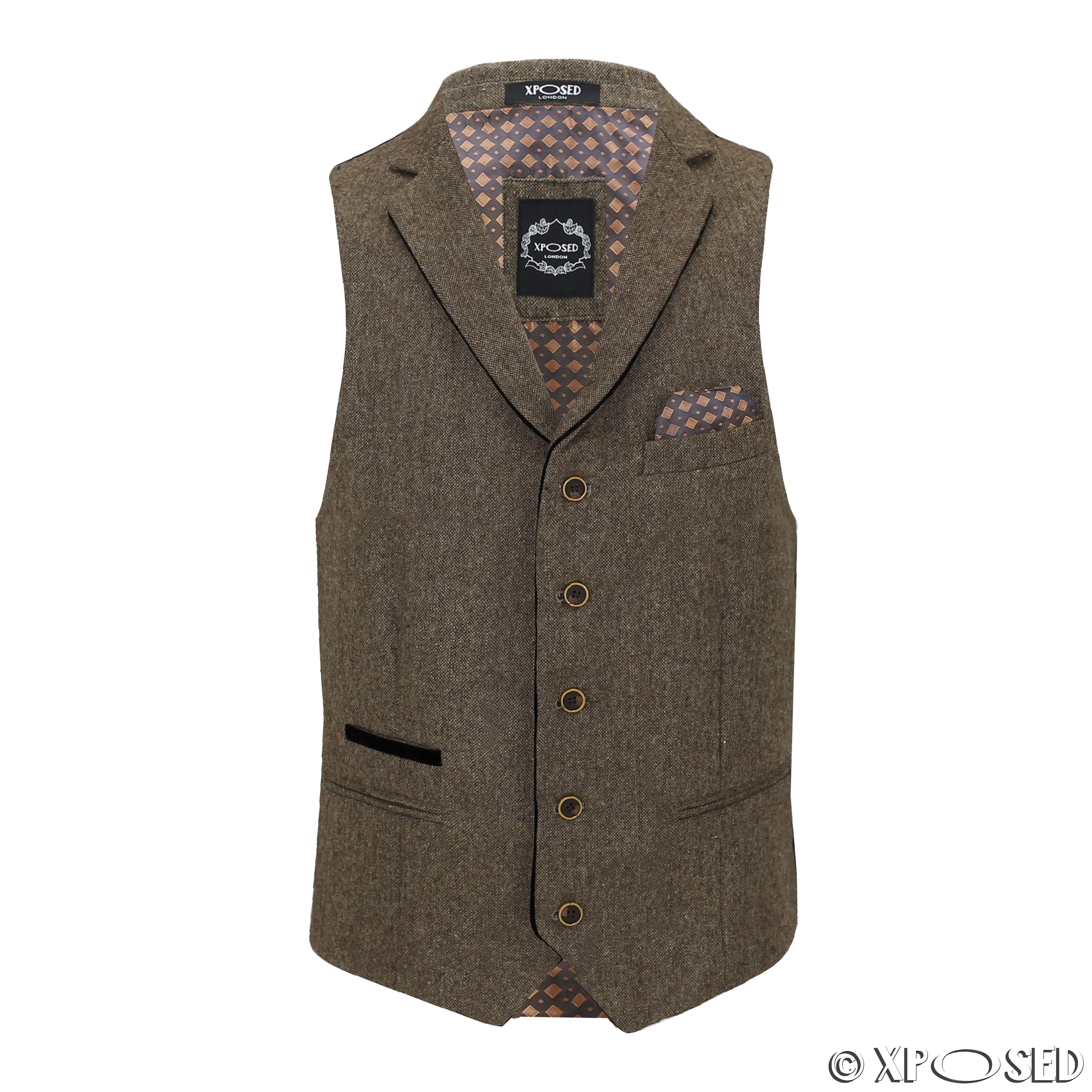 New Mens Wool Mix Herringbone Tweed Vintage Collar Waistcoat Tailored ...