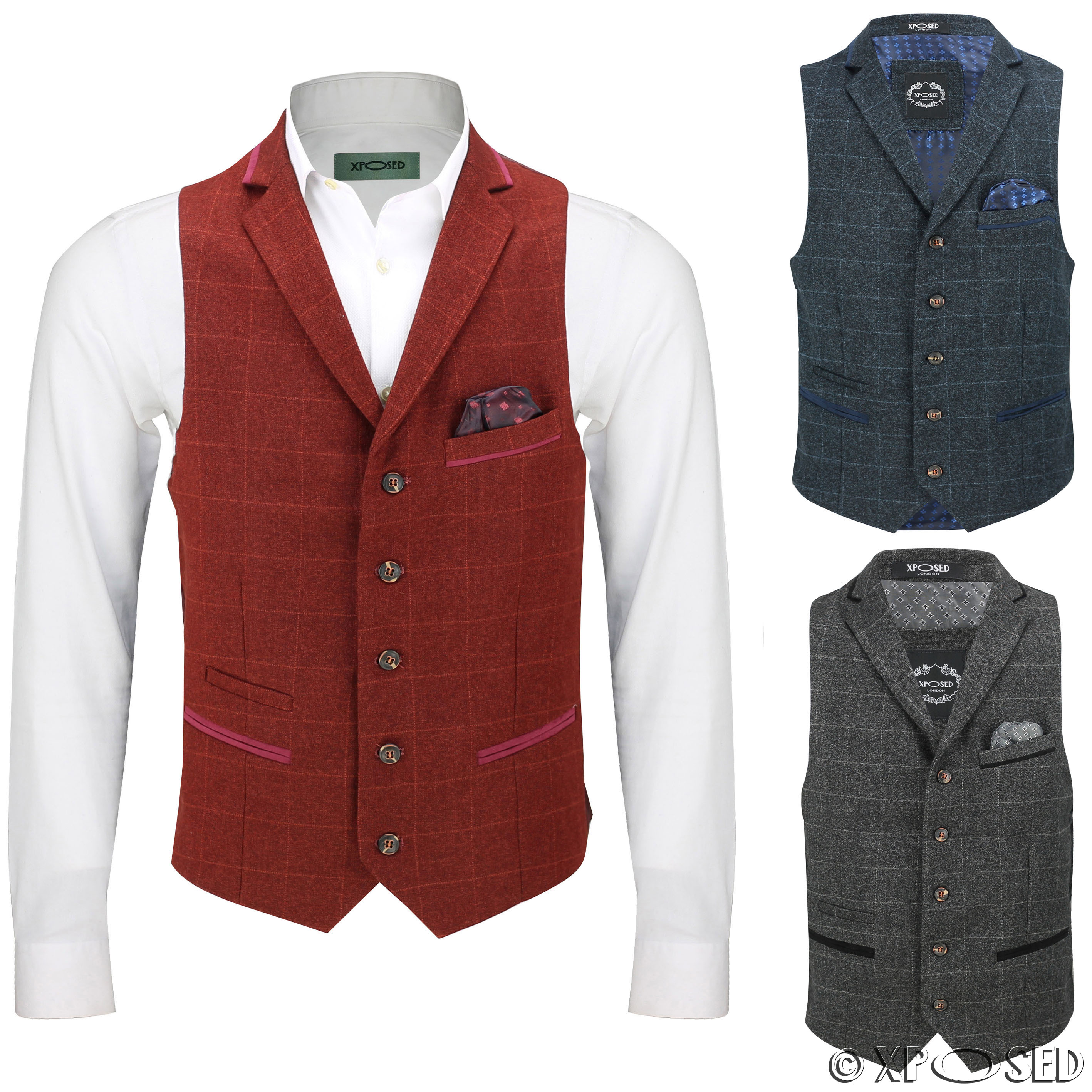 Mens Herringbone Tweed Check Vintage Collar Waistcoat Casual Tailored ...