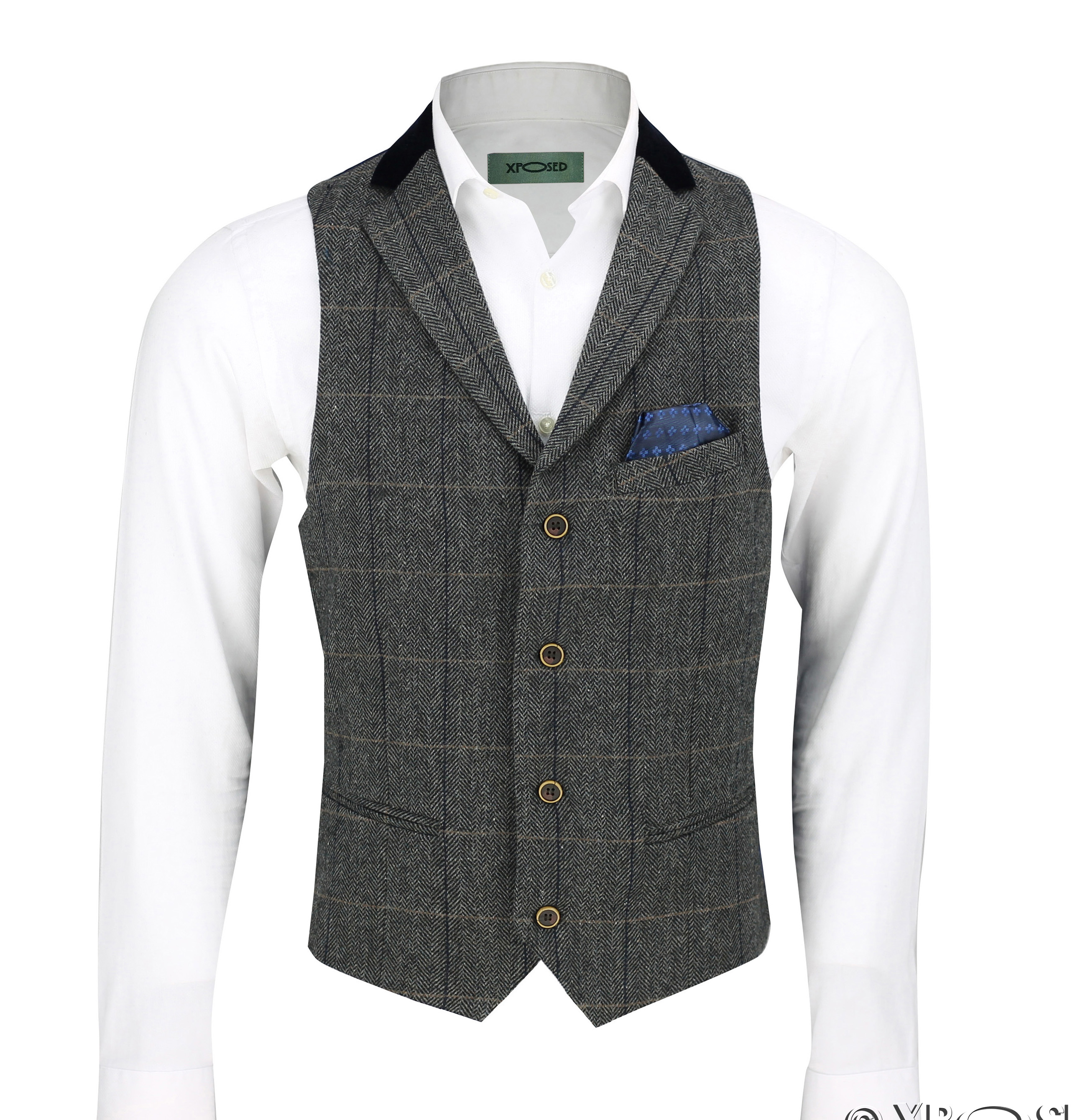 Mens Waistcoat Wool Mix Herringbone Tweed Check Velvet Collar Smart ...