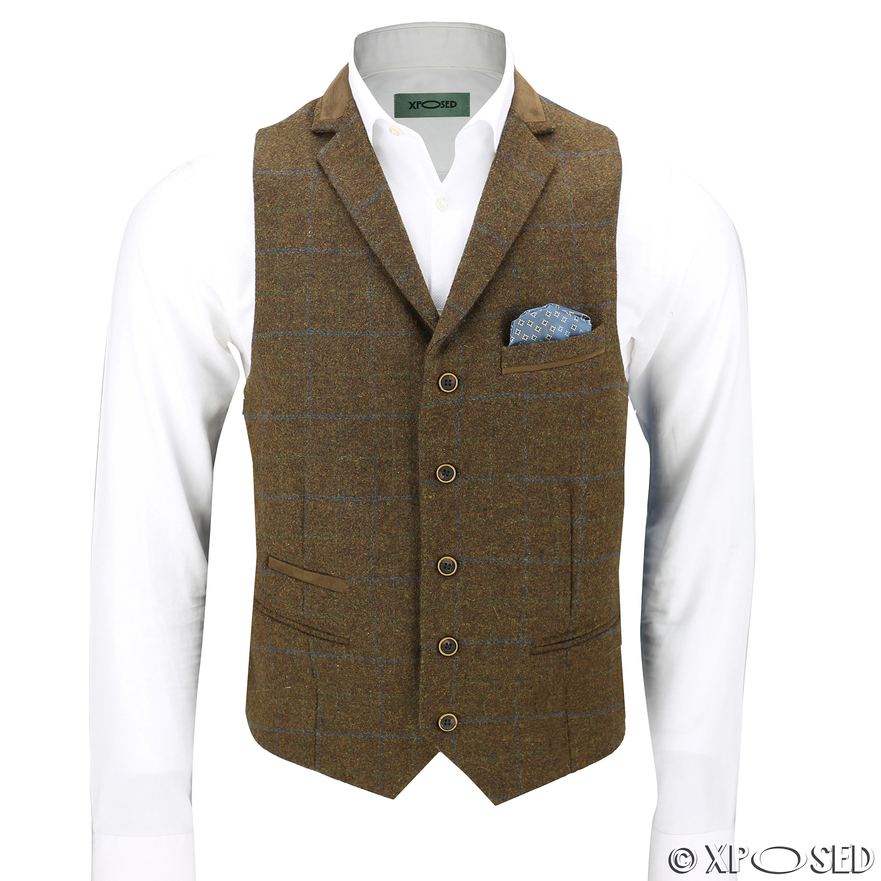 Chest UK 38 EU 48,Oak Brown Mens Wool Mix Herringbone Tweed Check Vintage Collar Waistcoat Brown Green Black Tailored Fit Vest 