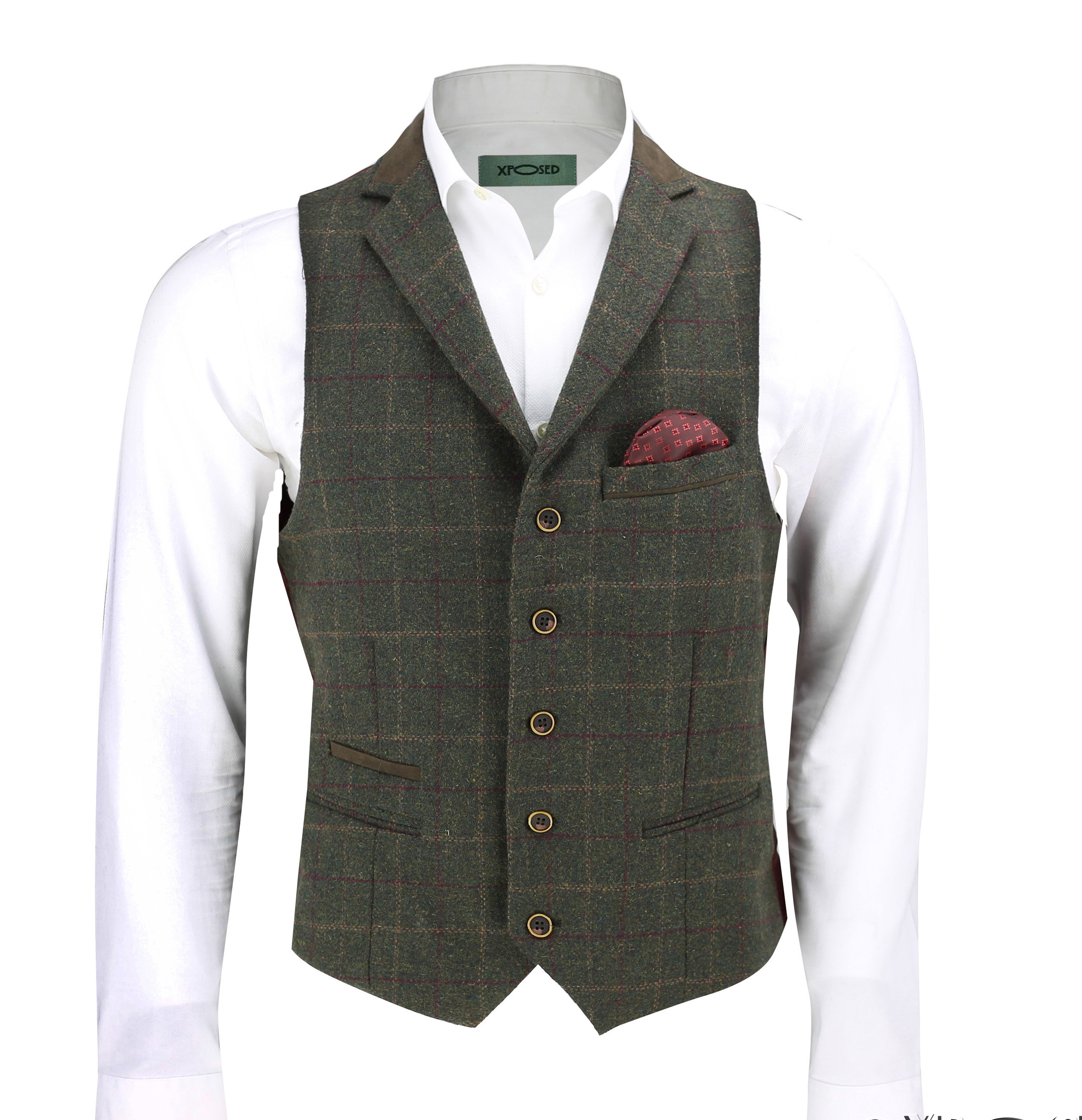 Mens Wool Mix Herringbone Tweed Check Vintage Collar Waistcoat Tailored ...