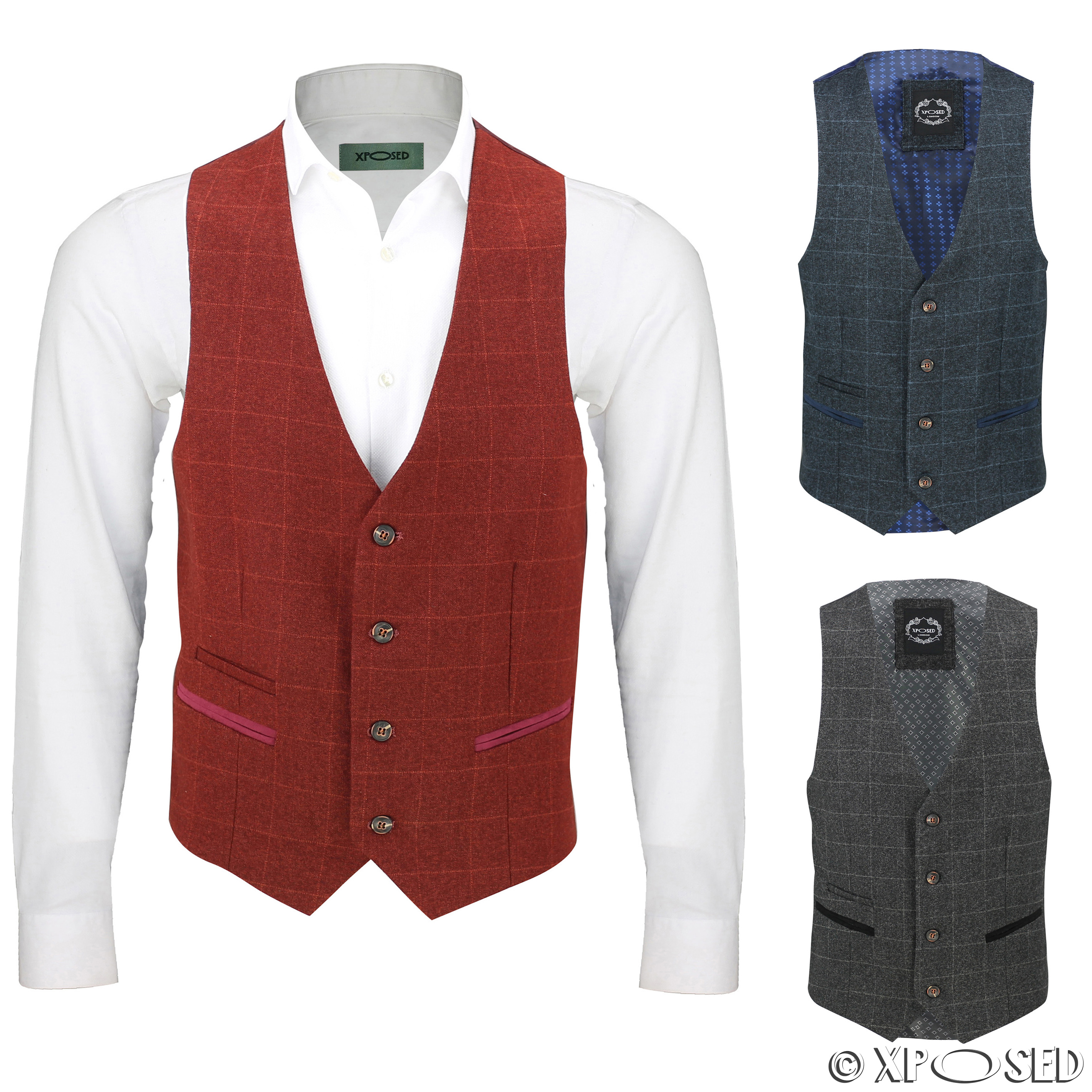 Mens Vintage Tweed Check Waistcoat Smart Casual Vest Charcoal Grey ...