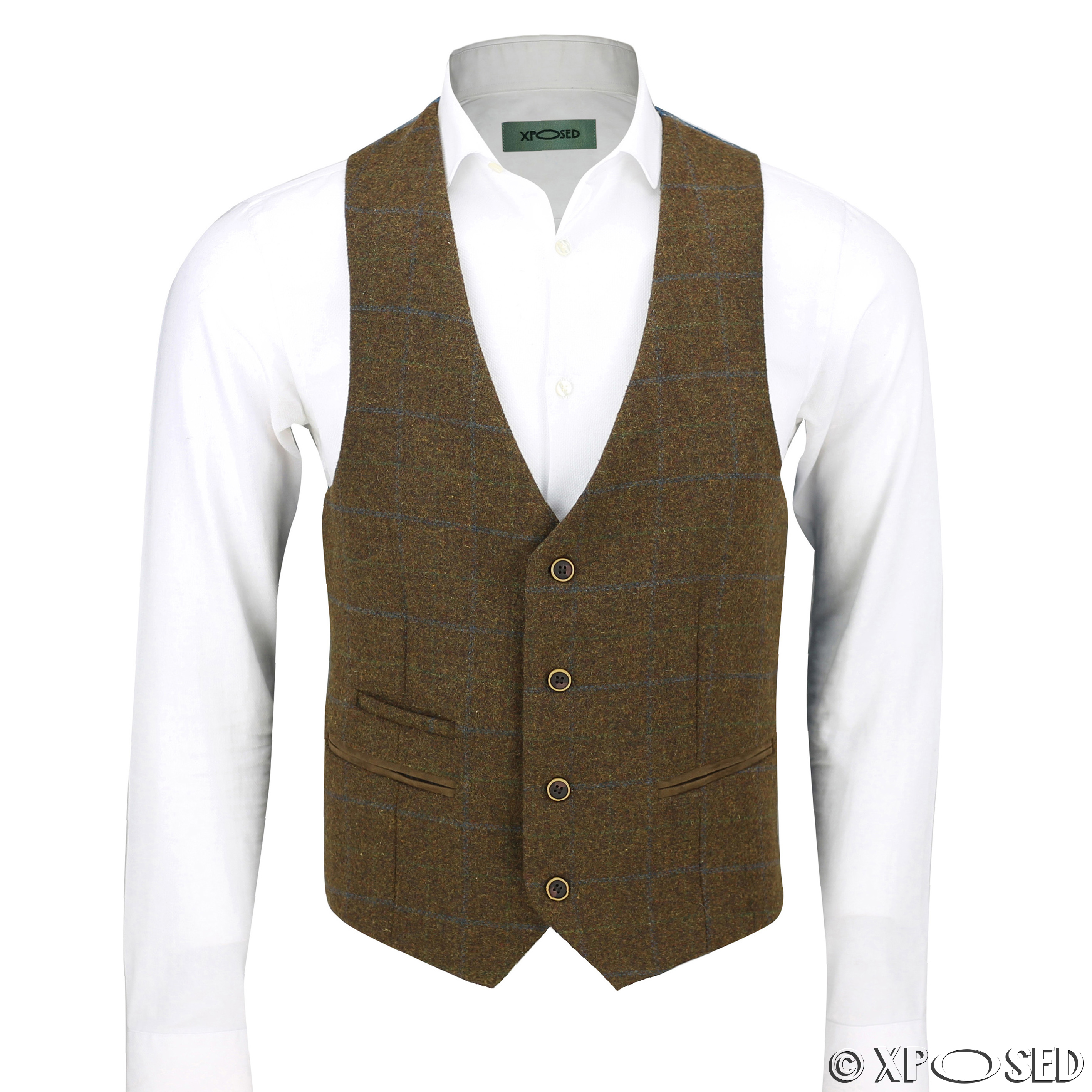 Mens Vintage Tweed Check Herringbone Waistcoat Casual Retro Grey Brown ...