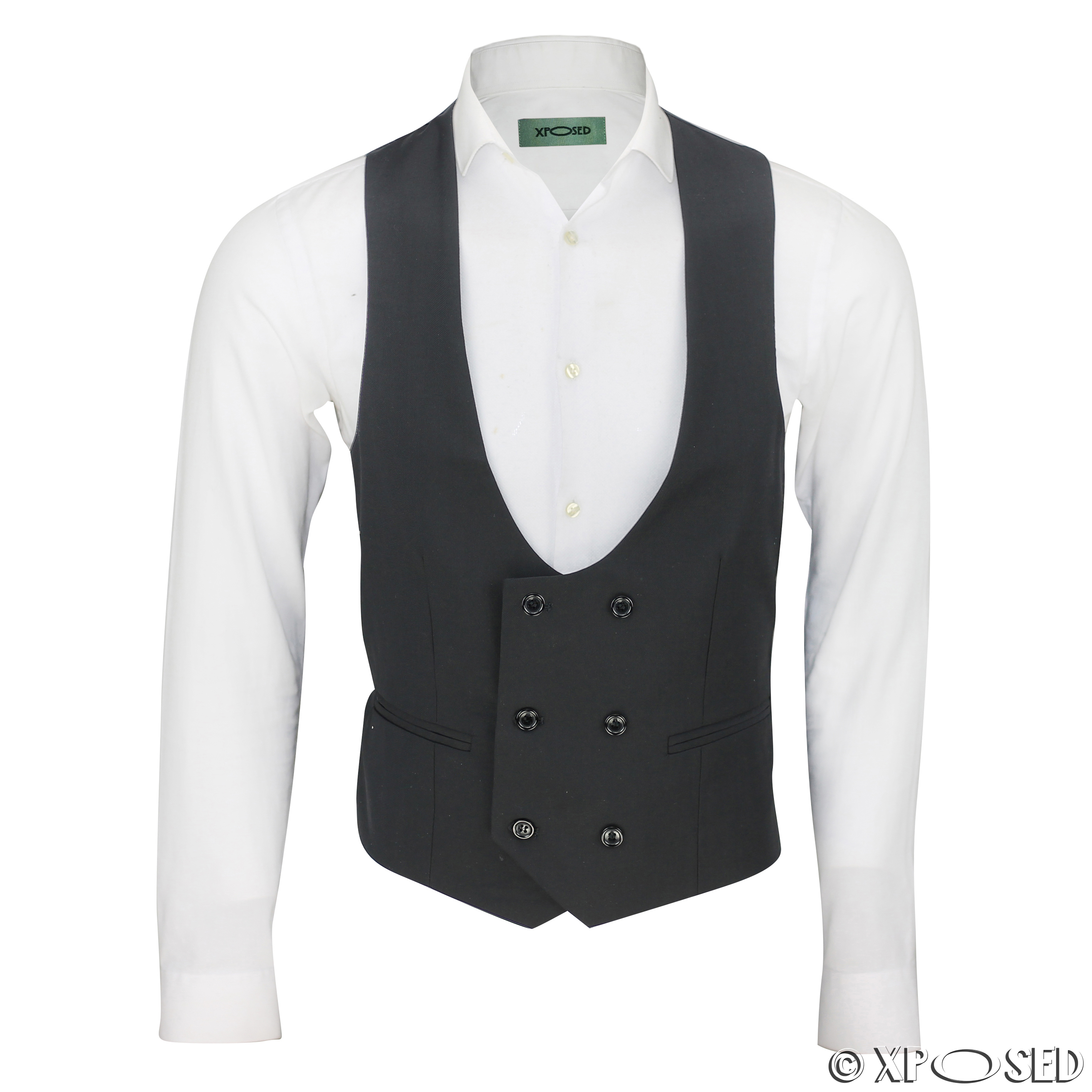 Mens Double Breasted Low U Cut Formal Suit Waistcoat Fitted Smart ...