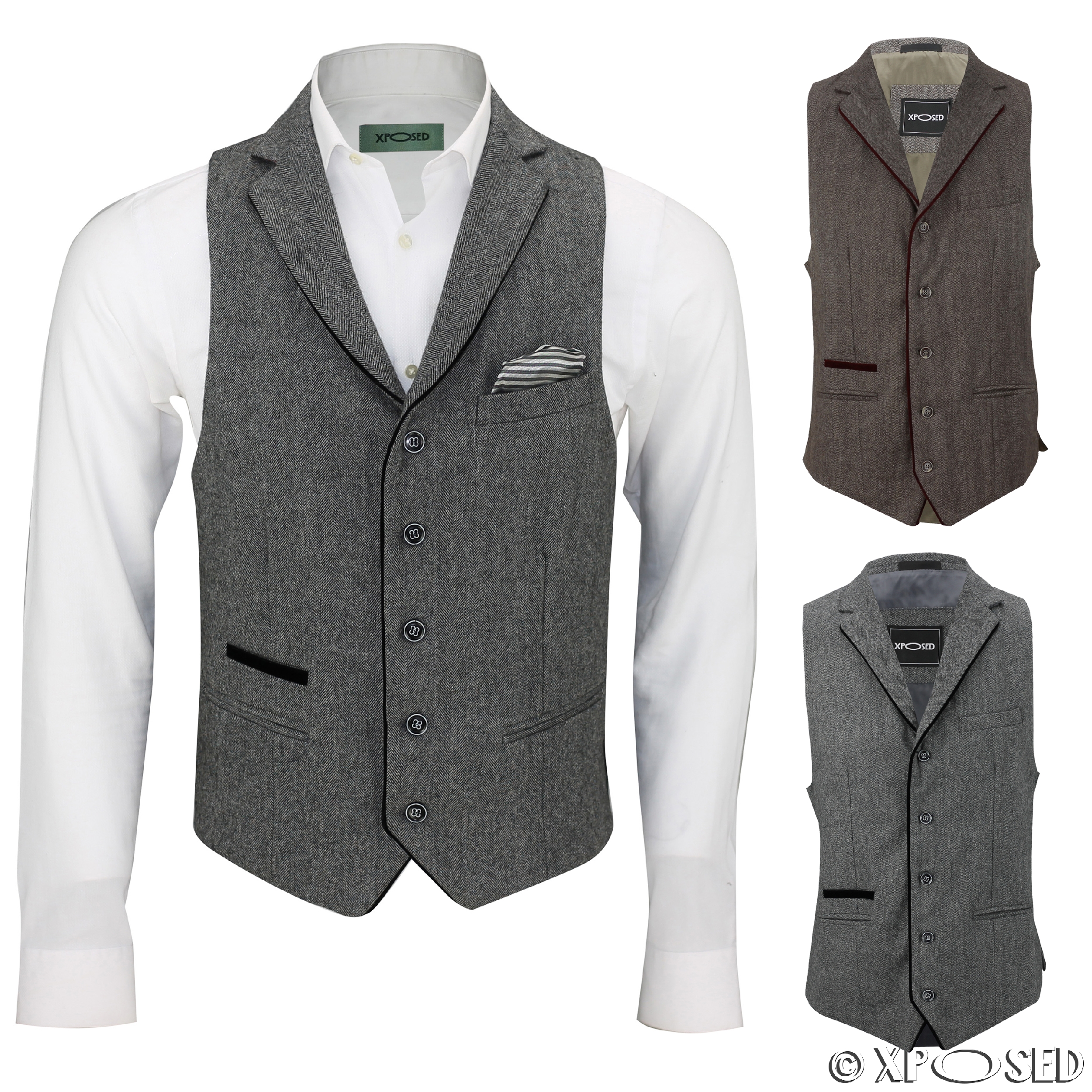 Men Brown Grey Fitted Collar Waistcoat Velvet Trim Herringbone Tweed ...